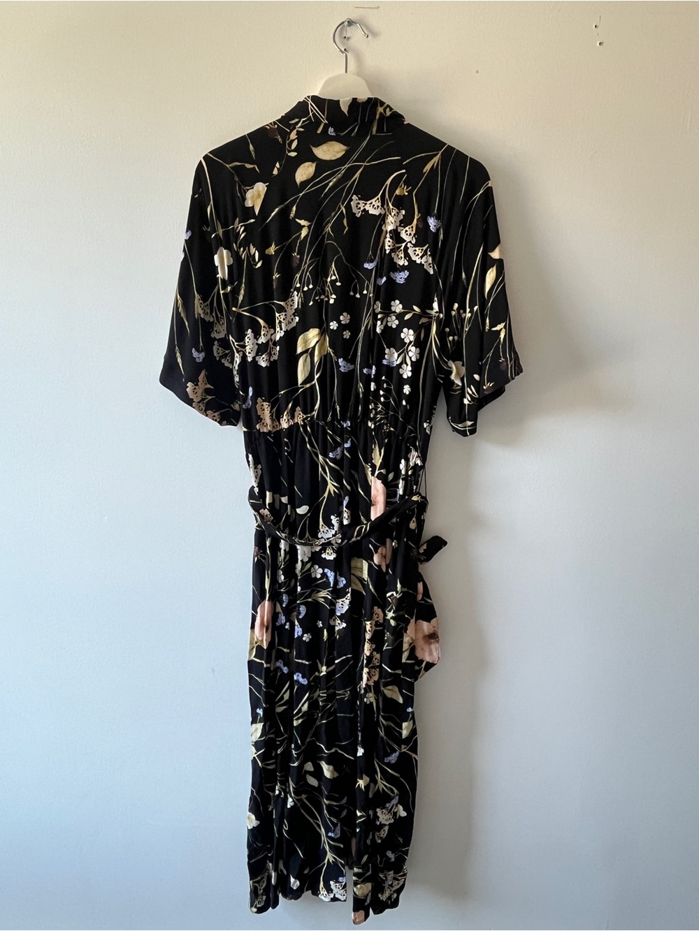 H&M Black Floral Maxi Wrap Dress with Cream & Pink Accents